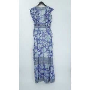 Just Bellina Dress Womens Small Blue Metallic Ruffle Boho Maxi Chic Boho Flowy‎